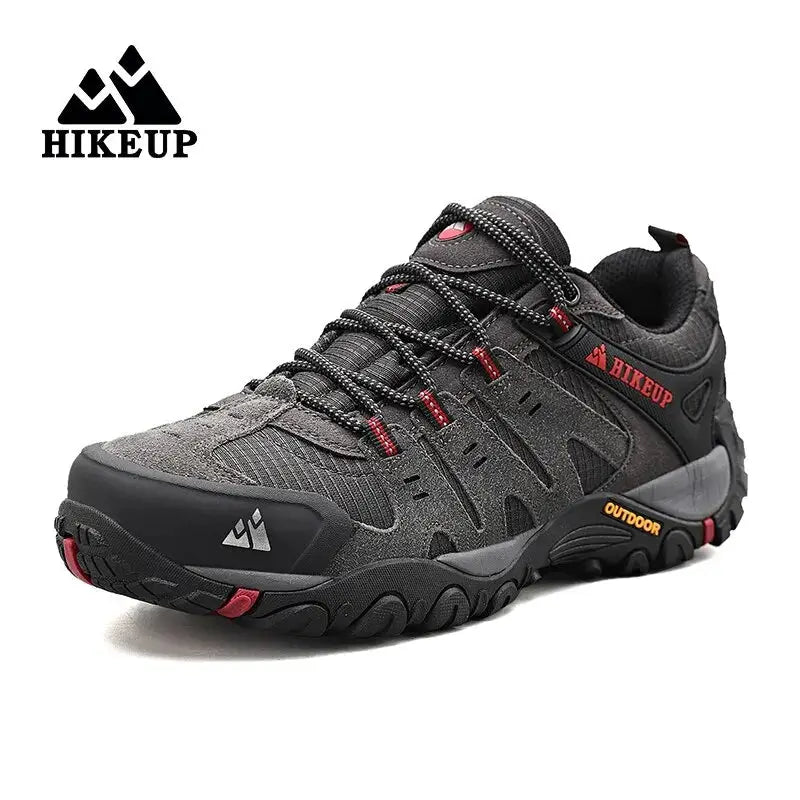 HIKEUP men's hiking shoes with suede leather upper, black/gray color and rugged outdoor outsole.