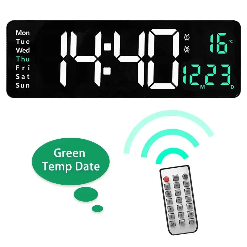 Large digital wall clock by Simples Market with remote, black finish, white digits and green date/temp display