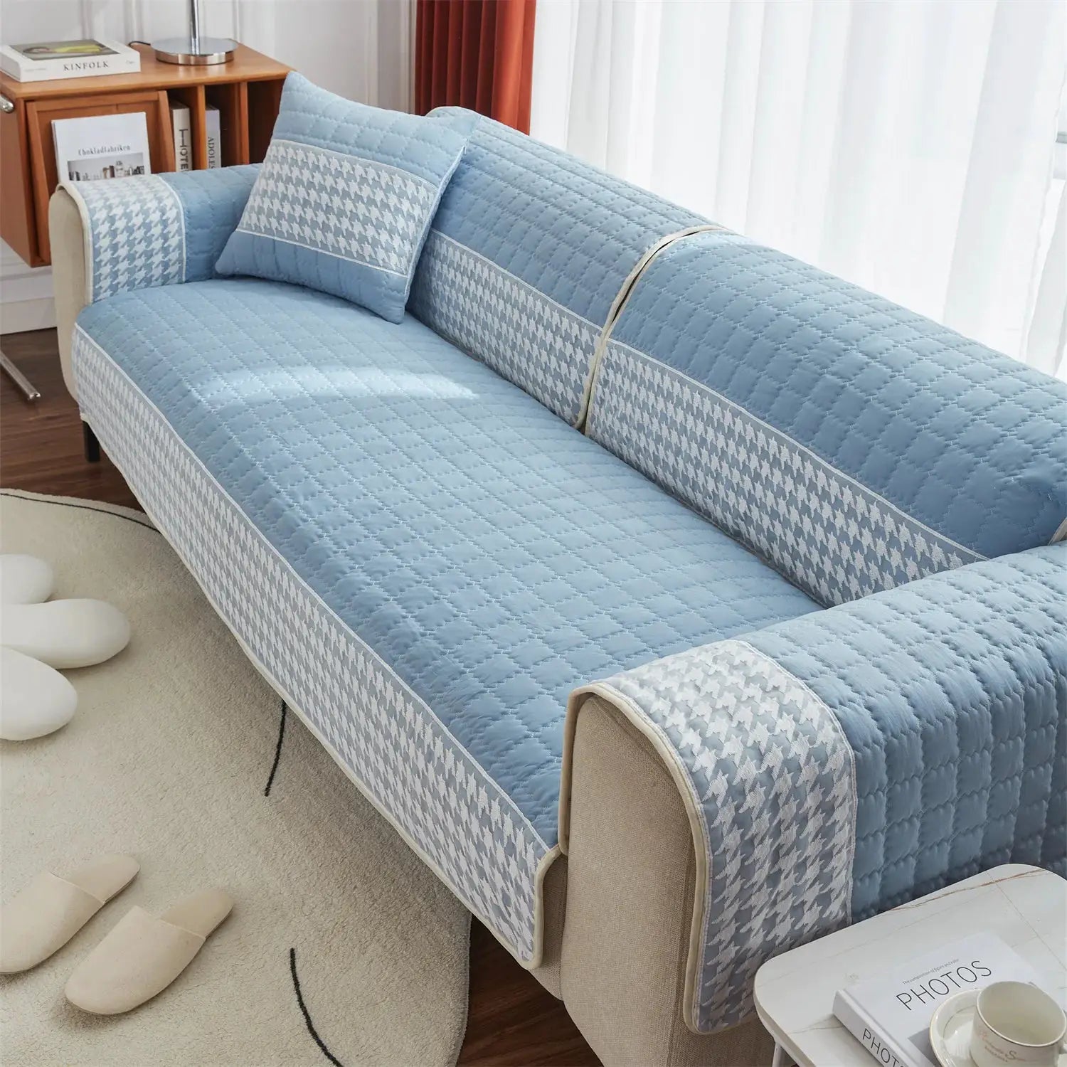 Sofa cushion slipcover set with 2 matching cushions in blue houndstooth quilted pattern and anti-slip backing