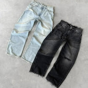 Simples Market men's distressed straight jeans, light blue and black denim with rips, ankle-length, 2 pairs