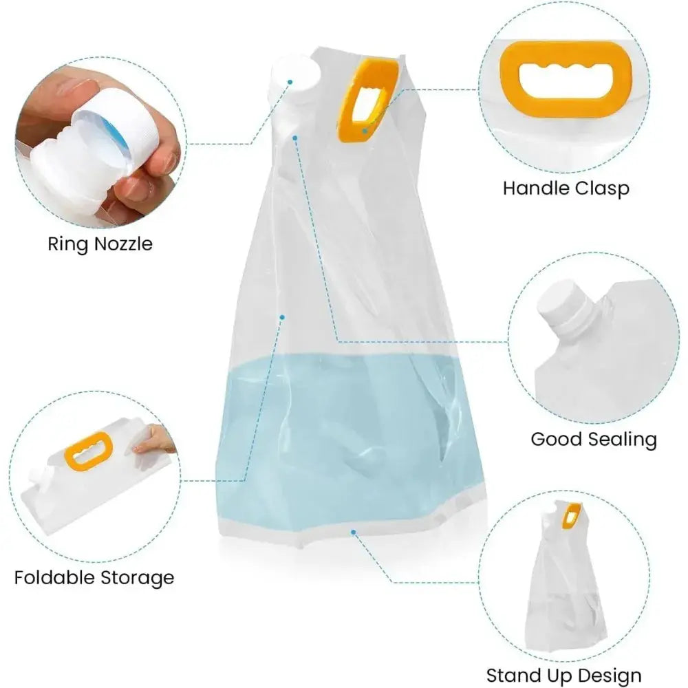 5L portable water bag with yellow handle, transparent plastic body, stand-up design and foldable storage