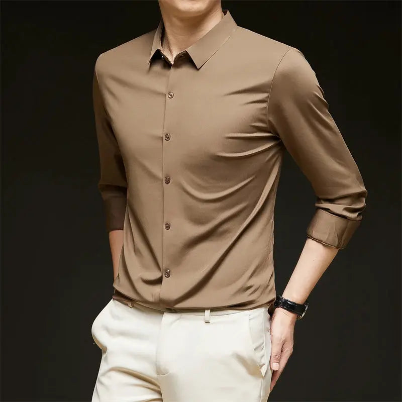 Men's wrinkle-resistant tan brown long-sleeve business shirt by Simples Market