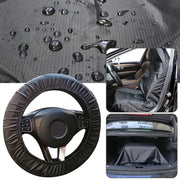 Three-piece black Oxford car protection set: steering wheel cover, seat protector, and trunk cover.