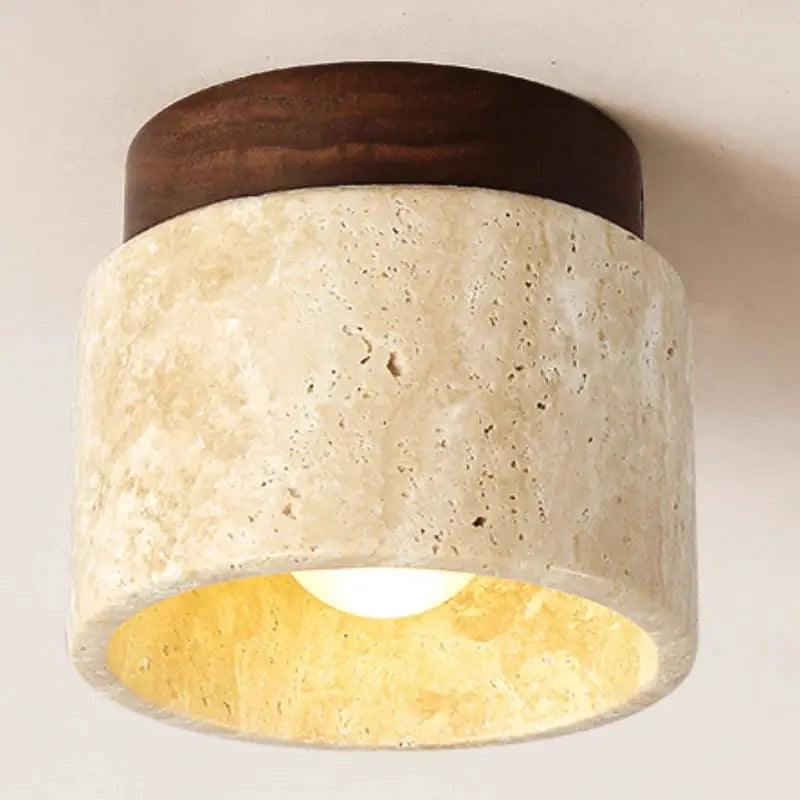 Simples Market LED ceiling lamp, round stone shade with dark wood cap, surface-mounted