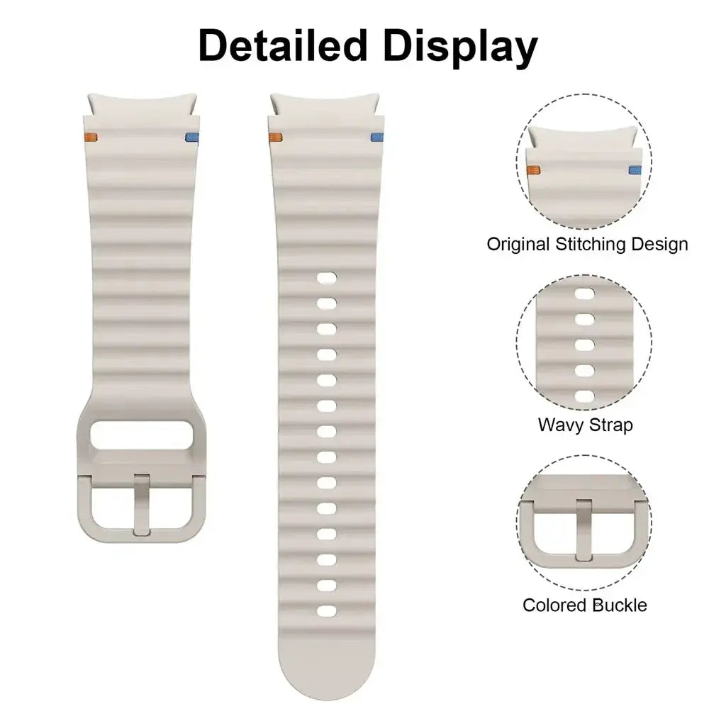 Galaxy Watch silicone strap by Simples Market, beige wavy design with colored buckle