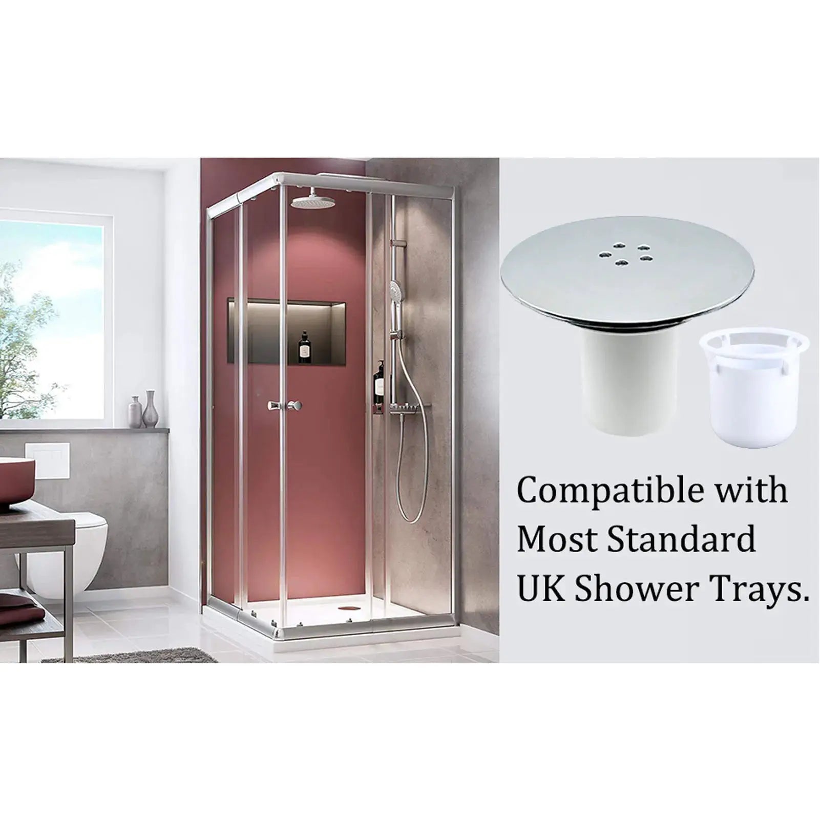 Shower drain cover tray, chrome finish, waste plug for fast flow, compatible with most UK shower trays
