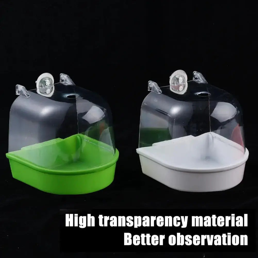 Hanging bird bath cube for small birds, green and white bases with clear dome, 2-pack.