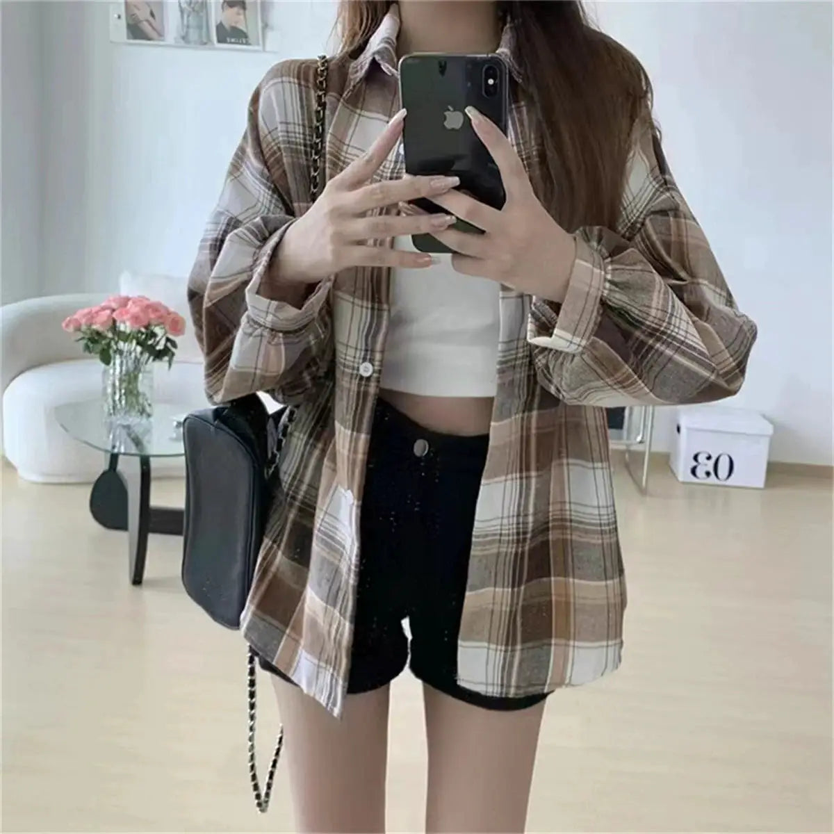Korean plaid blouse for women, long-sleeve beige-brown check shirt worn loose over white crop top