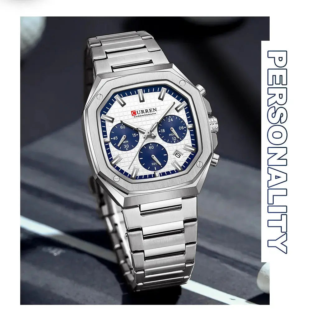 CURREN stainless steel chronograph wristwatch with a square dial, blue subdials, and date window