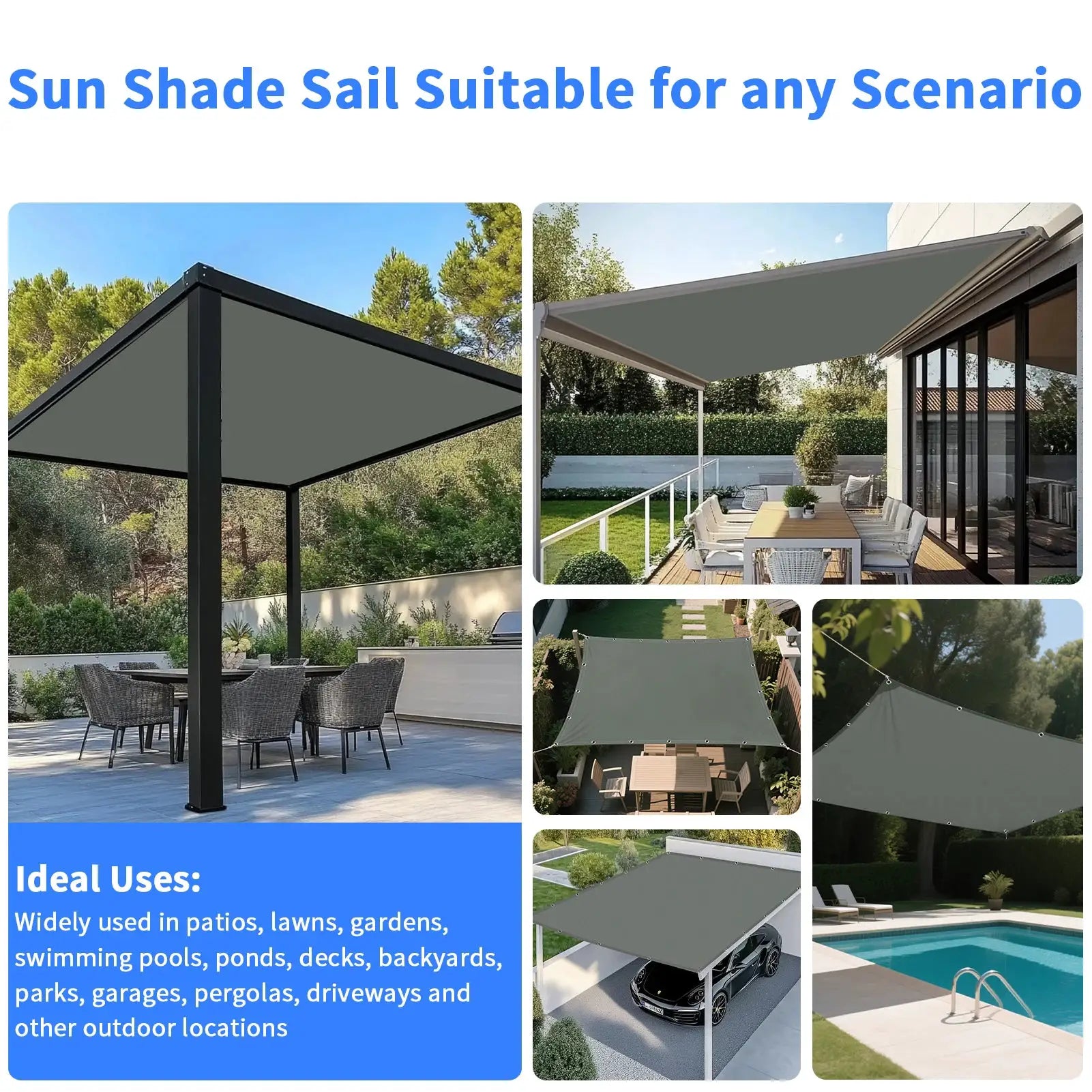 Sun shade sail waterproof outdoor canopy in gray; square/rectangular, for patios, gardens, pools and decks