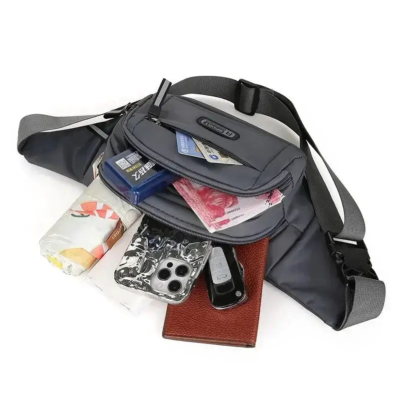 Simples Market men's gray canvas waistpack fanny bag with slim anti-theft design and pockets for phone, cards, cash.