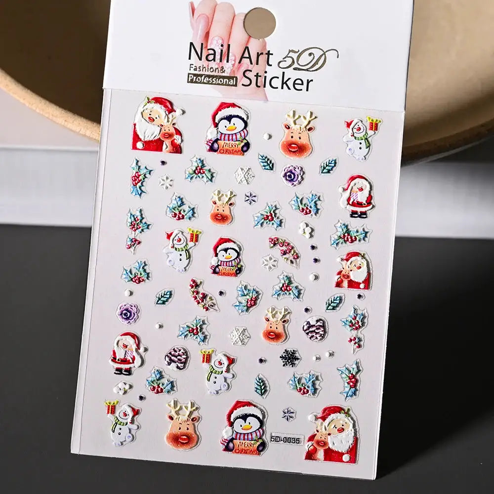 Winter Christmas nail sticker sheet with snowmen, penguin, reindeer, Santa and snowflakes; self-adhesive
