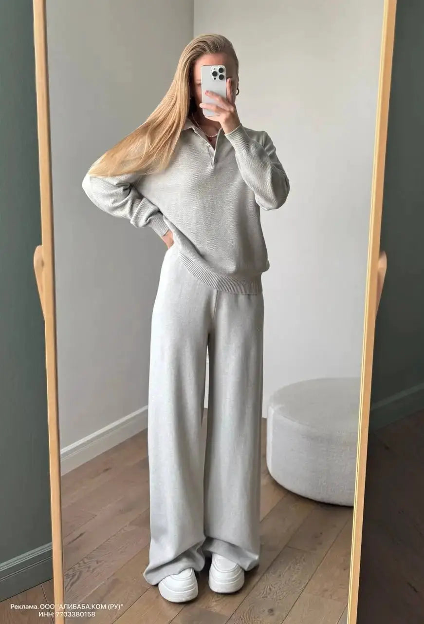 Hirsionsan Winter Women Knitted Set Polo Neck Sweater Wide Leg Pants