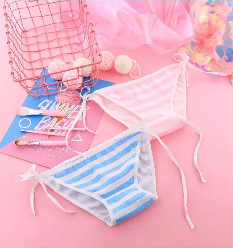 Panties from Simples Market: two blue and pink striped cotton briefs with white trim for women