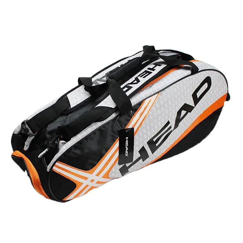 HEAD tennis racket backpack with capacity for 3–6 racquets and separate shoe compartment, white with orange accents