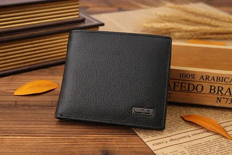 Black genuine leather men's wallet, short bi-fold cowhide with Simples Market brand plate