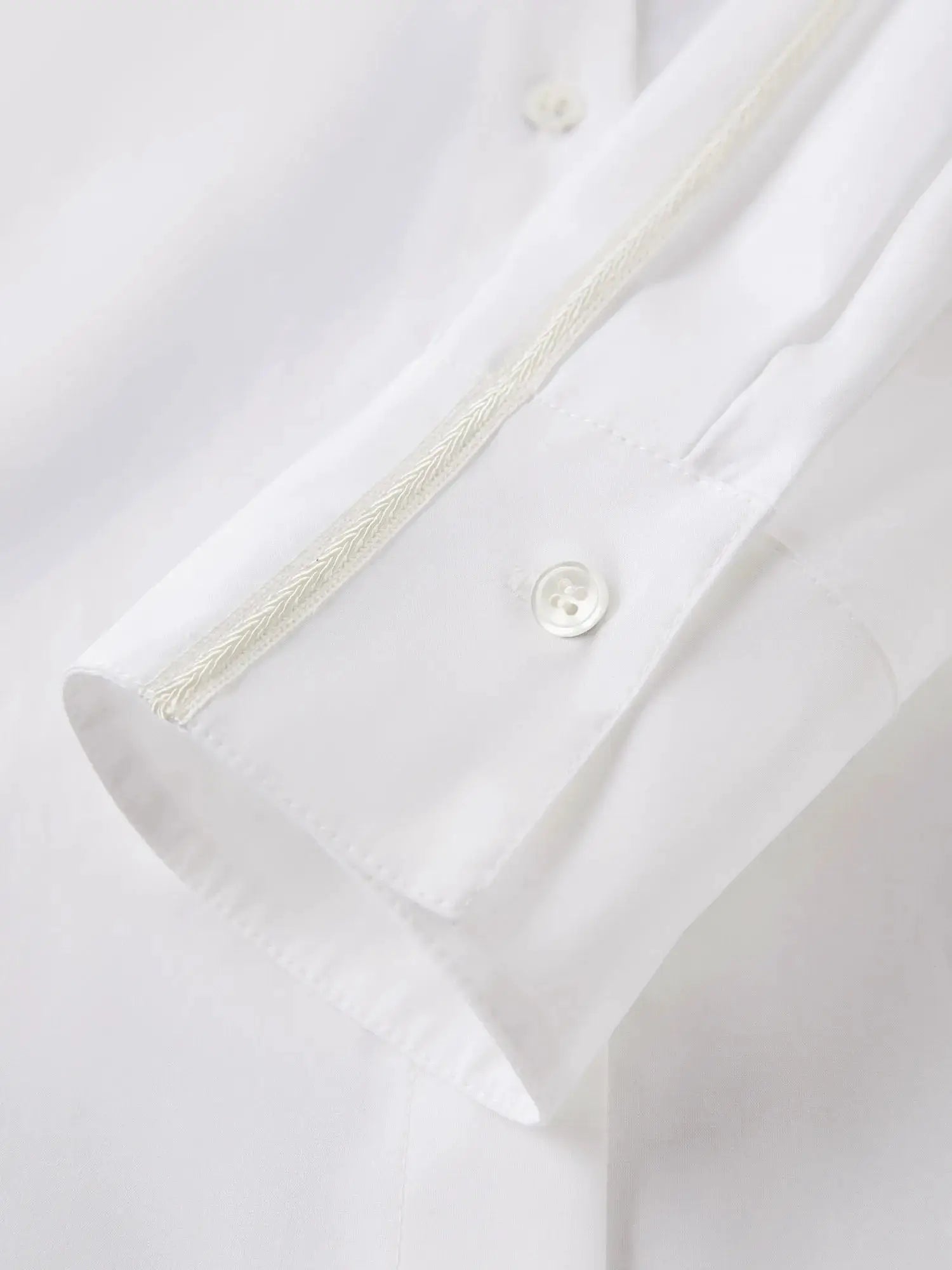 FSLE Premium Series white cotton shirt with web strap detail, long sleeves, oversized blouse by Simples Market