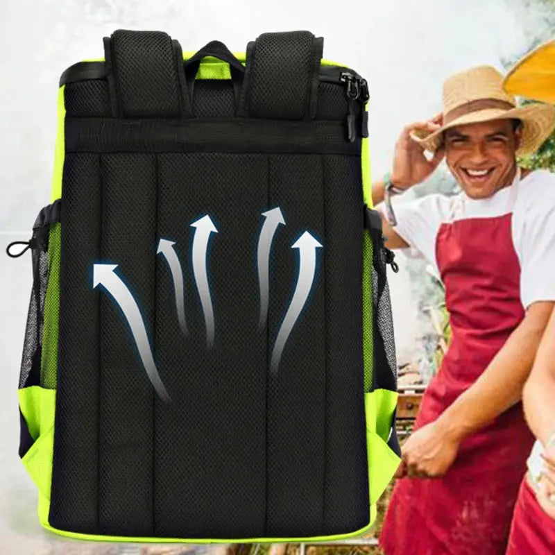 Simples Market soft insulated cooler backpack 30L in black with neon green trim for travel and outdoor use