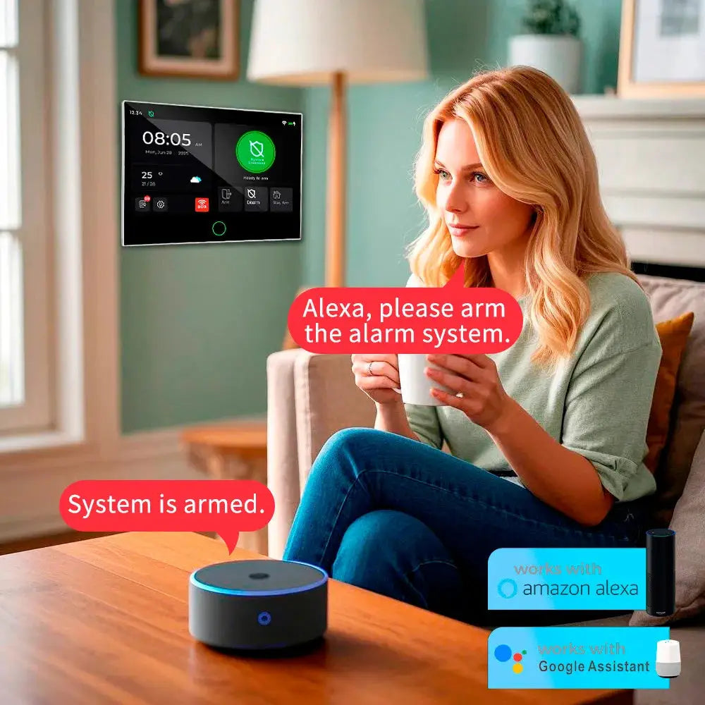 KERUI 4G/WiFi home alarm with 7-inch touchscreen panel and hub; compatible with Alexa and Google Assistant