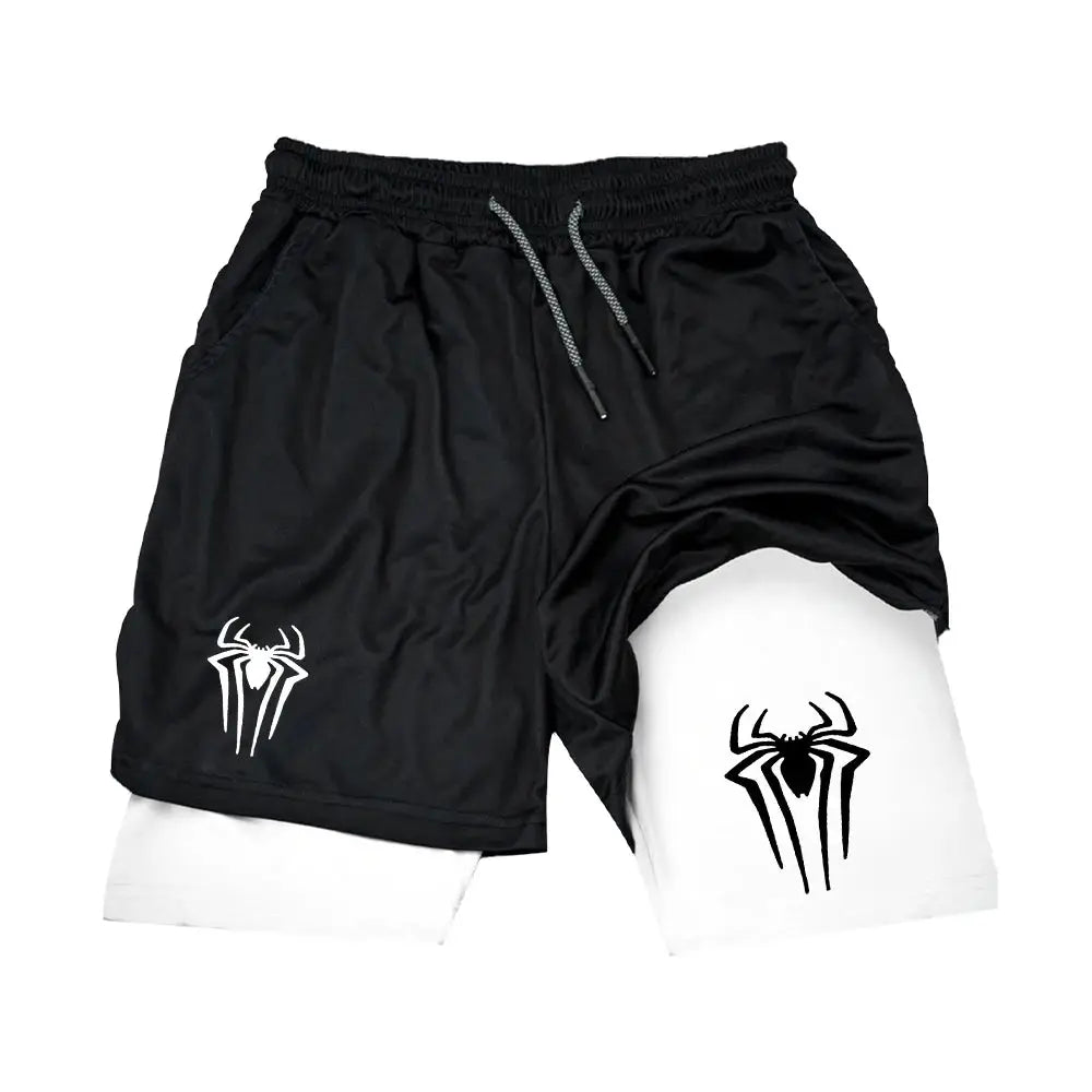 Y2K performance shorts, black outer with white inner panel, spider print logo, 2-in-1 athletic gym shorts