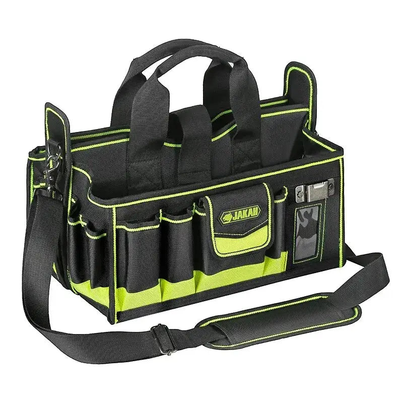 40-pocket tool tote by JAKAR, black with neon-green trim and padded shoulder strap