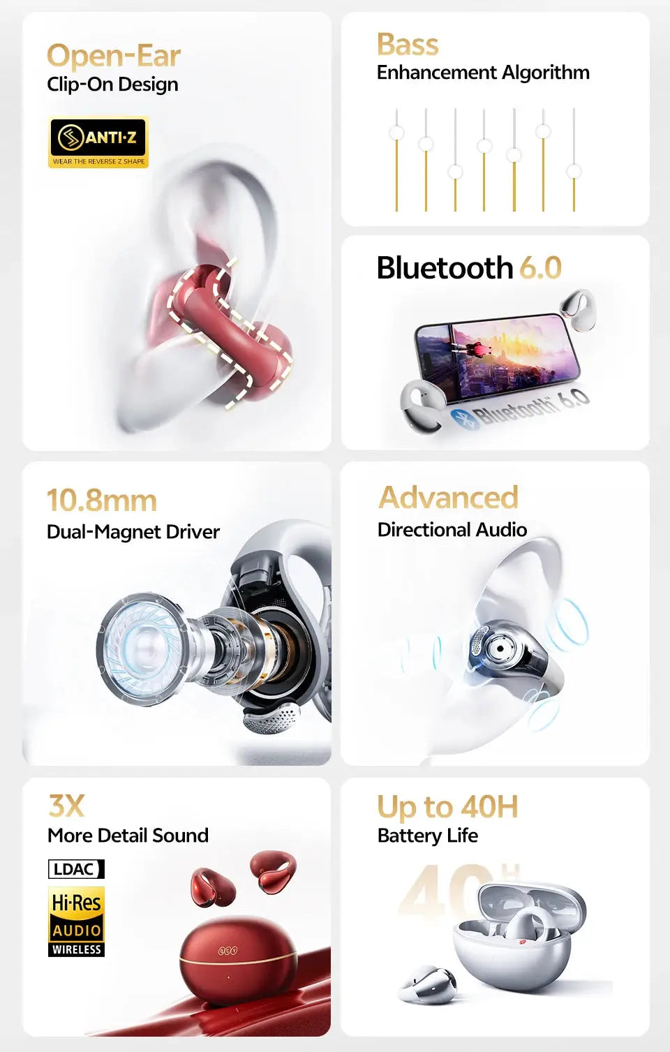 QCY Crossky C30S open-ear wireless earphones, clip-on design with LDAC and Bluetooth 6.0, 40H battery life