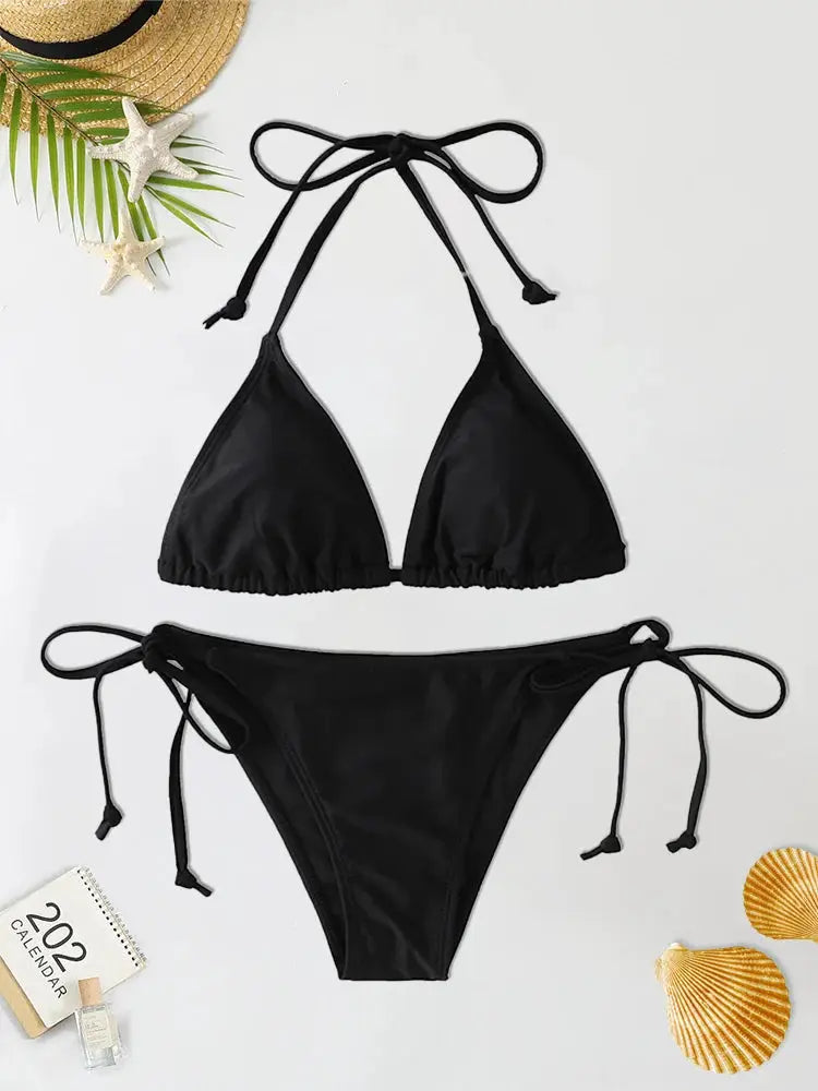 2-piece black triangle bikini set with adjustable string ties for top and bottom