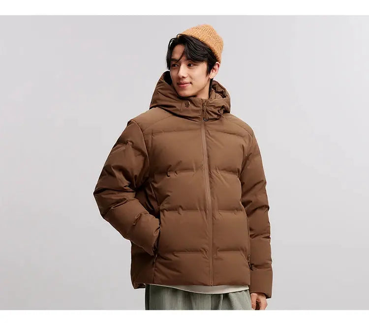 Men's brown down jacket with hood, quilted puffer outerwear