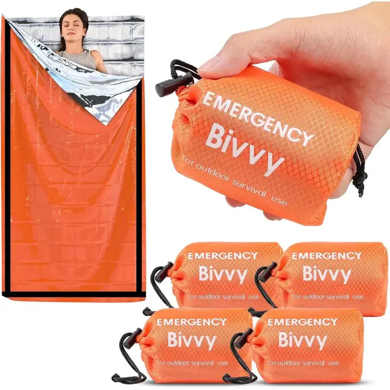 Simples Market Emergency Bivvy five-pack; orange Mylar survival bivvy sacks with cords for outdoor camping