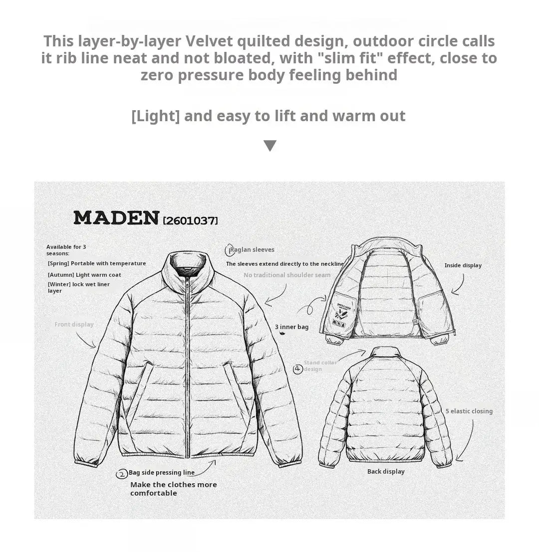 Maden Winter Men's stand-up collar down jacket, lightweight hydrophobic coat with white duck-down filling