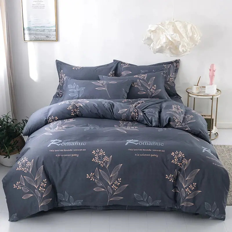 Duvet cover set, 3-piece blue-gray cotton bedding with botanical print and two pillowcases