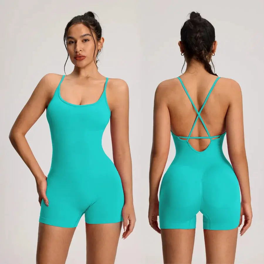 Backless teal bodysuit romper with crisscross back straps by Simples Market, gym-to-street jumpsuit.