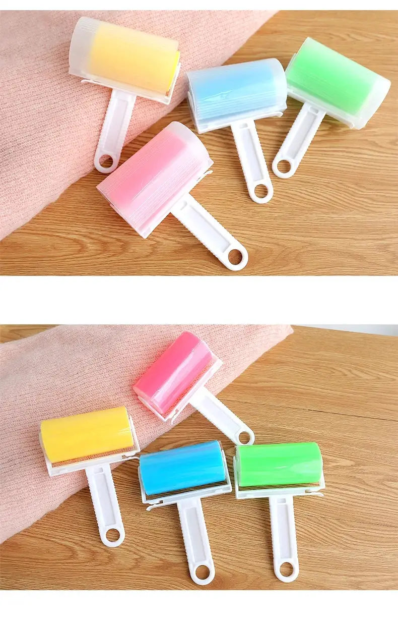 Set of 4 washable sticky hair rollers in pastel yellow, pink, blue, and green for pet hair and dust on upholstery