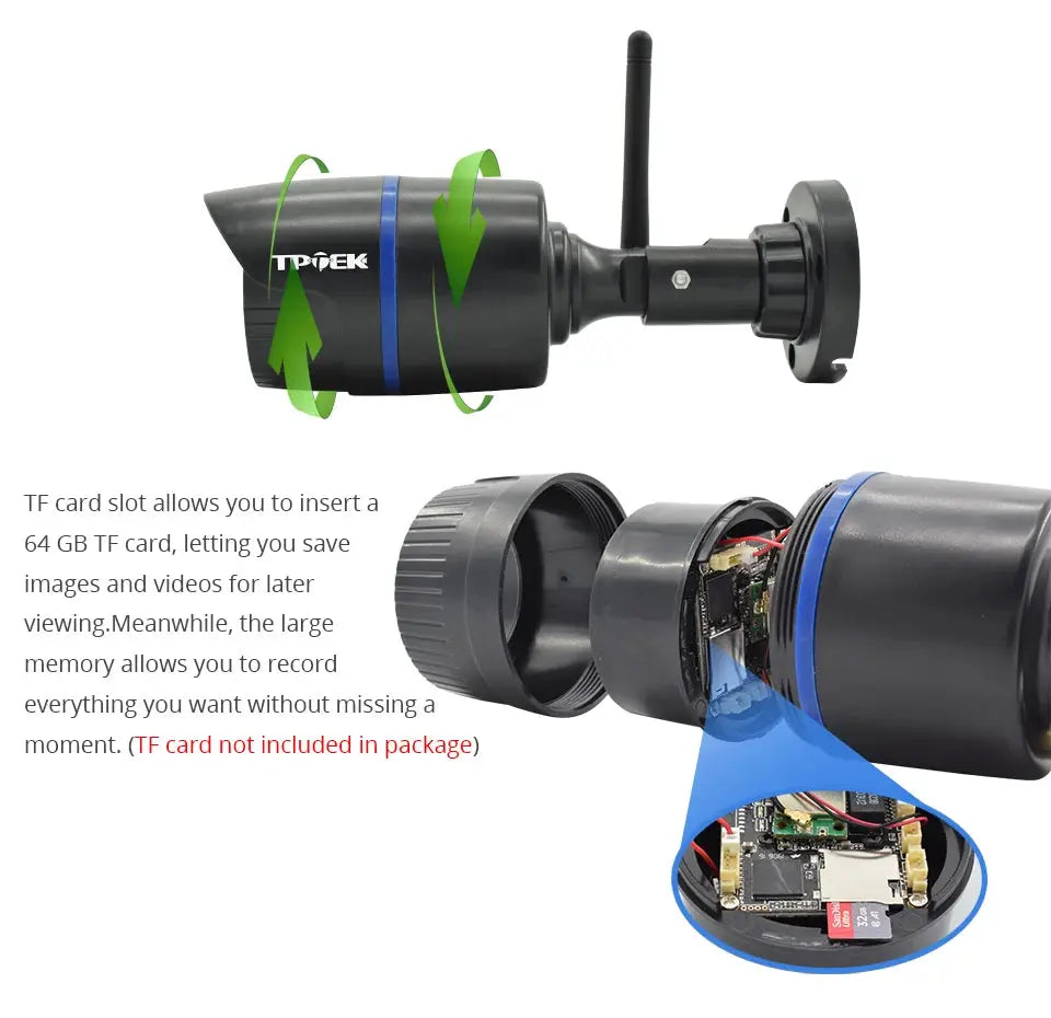 4MP outdoor WiFi bullet IP camera, black, with exposed internal PCB and TF card slot