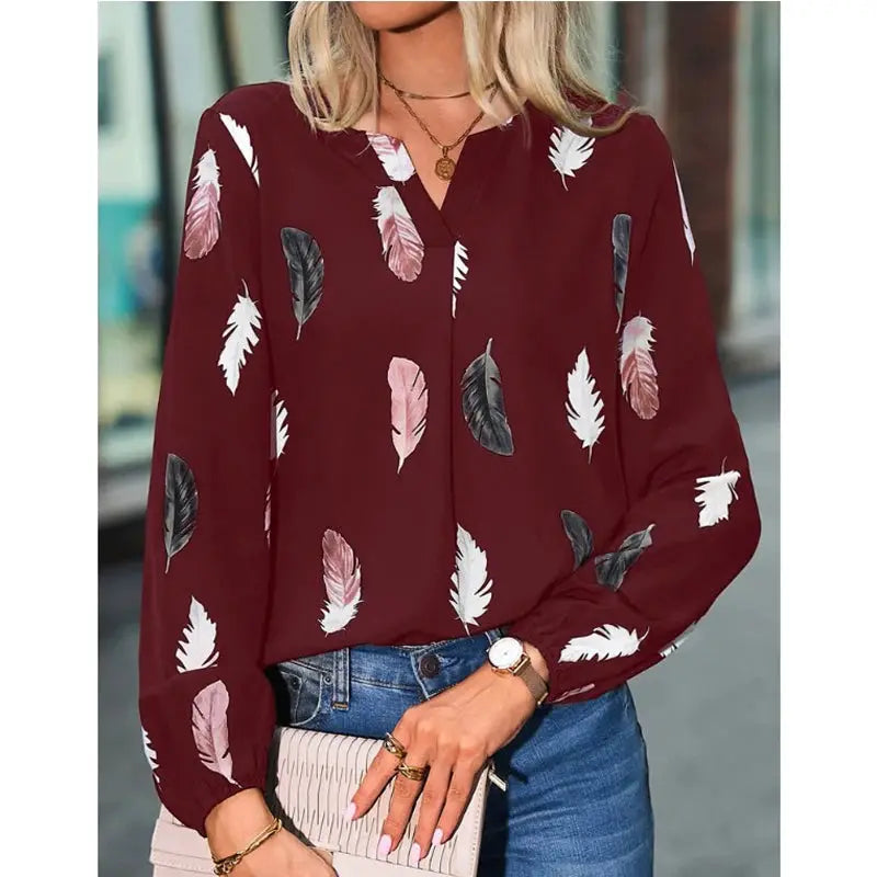 Chiffon blouse burgundy with feather-print pattern and long sleeves