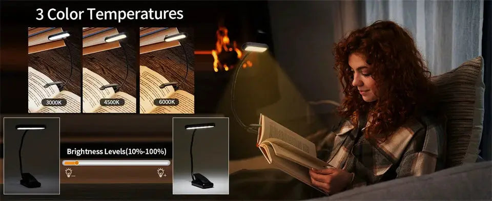 Simples Market LED clip-on book light; USB rechargeable, dimmable, adjustable with 3 color temperatures.