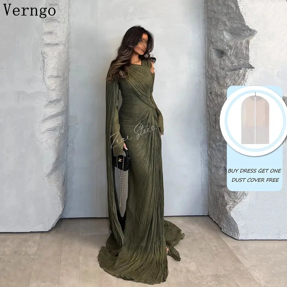 Verngo Green Shiny Formal Evening Dress O Neck Sleeves Prom Gown