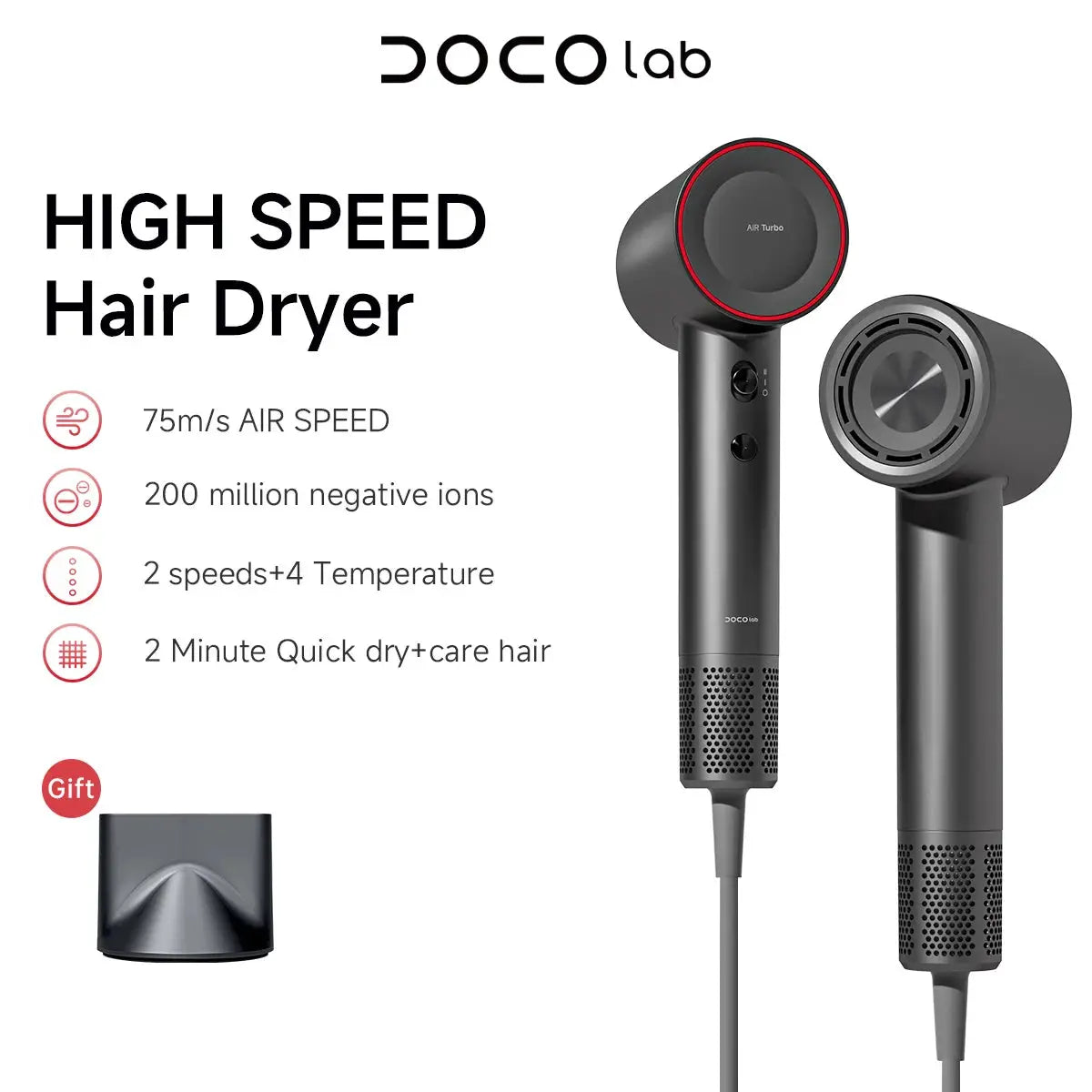 DOCO lab hair dryer by Simples Market; two dark gray high-speed units with red ring accents
