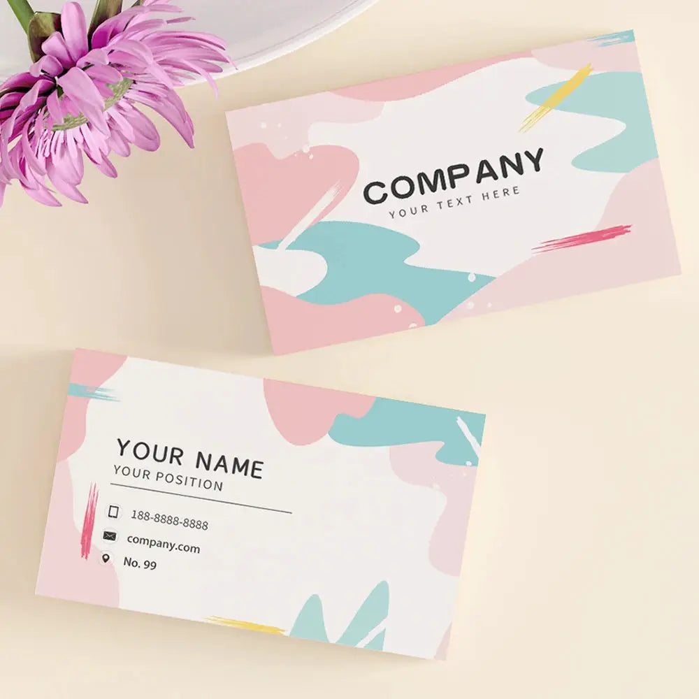 Custom business cards and thank-you cards with pastel pink, teal, and white abstract design; two cards shown.