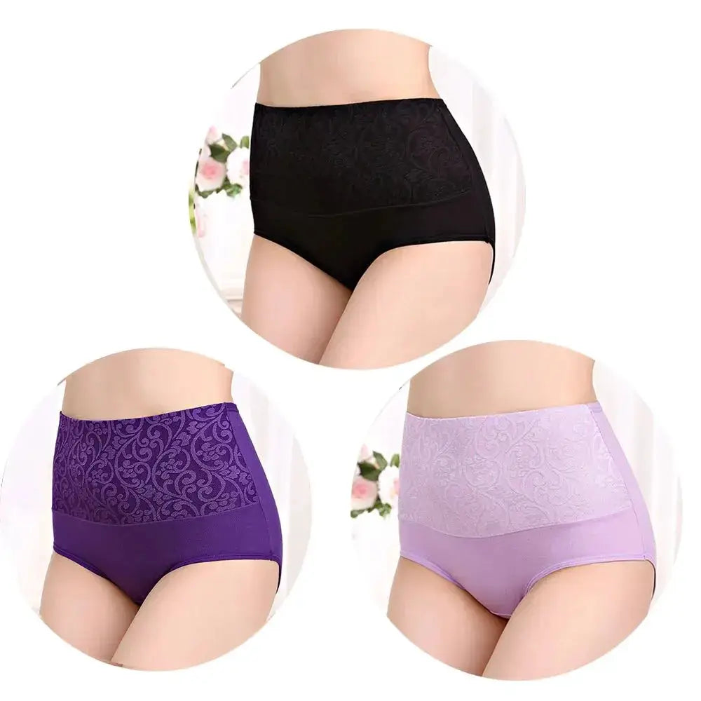 Plus-size high-waist cotton panties 3-pack in black, purple, and lavender
