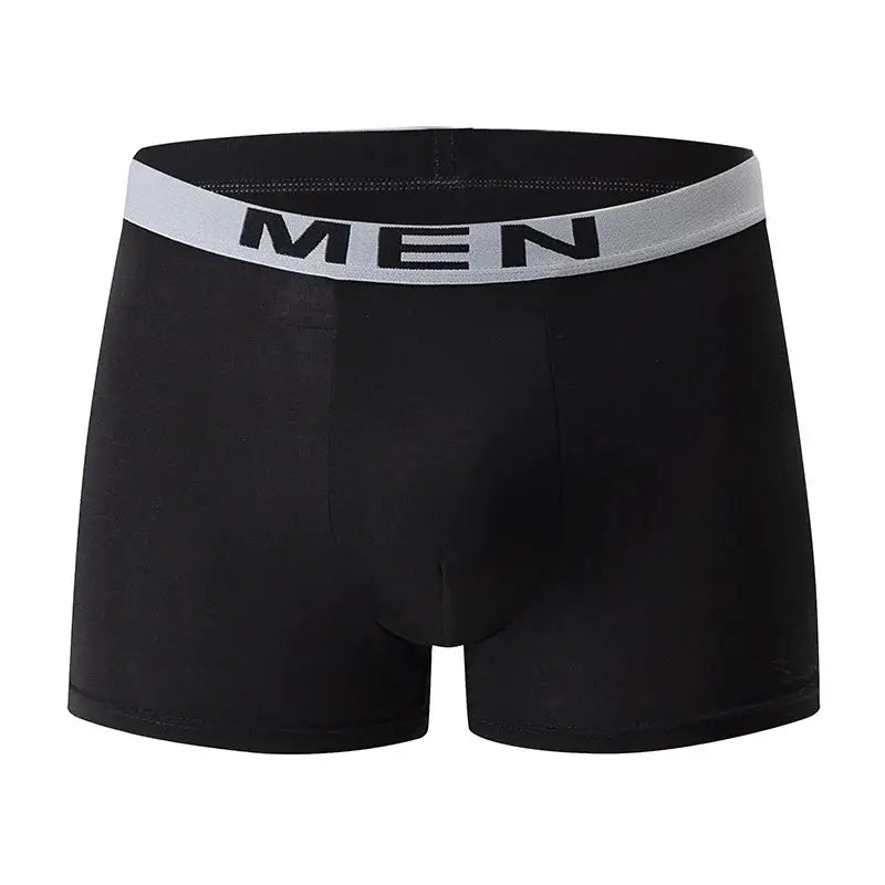 Men's black boxer shorts with gray elastic waistband bearing MEN for casual sporty underwear