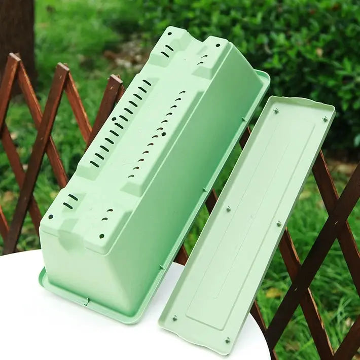 Mint green balcony planter set with tray and rack, rectangular long trough, 2 pieces