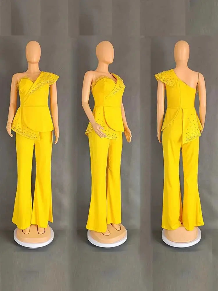 Jumpsuit yellow high-waist with one-shoulder ruffle and rivet detail, Simples Market, three-view mannequin display