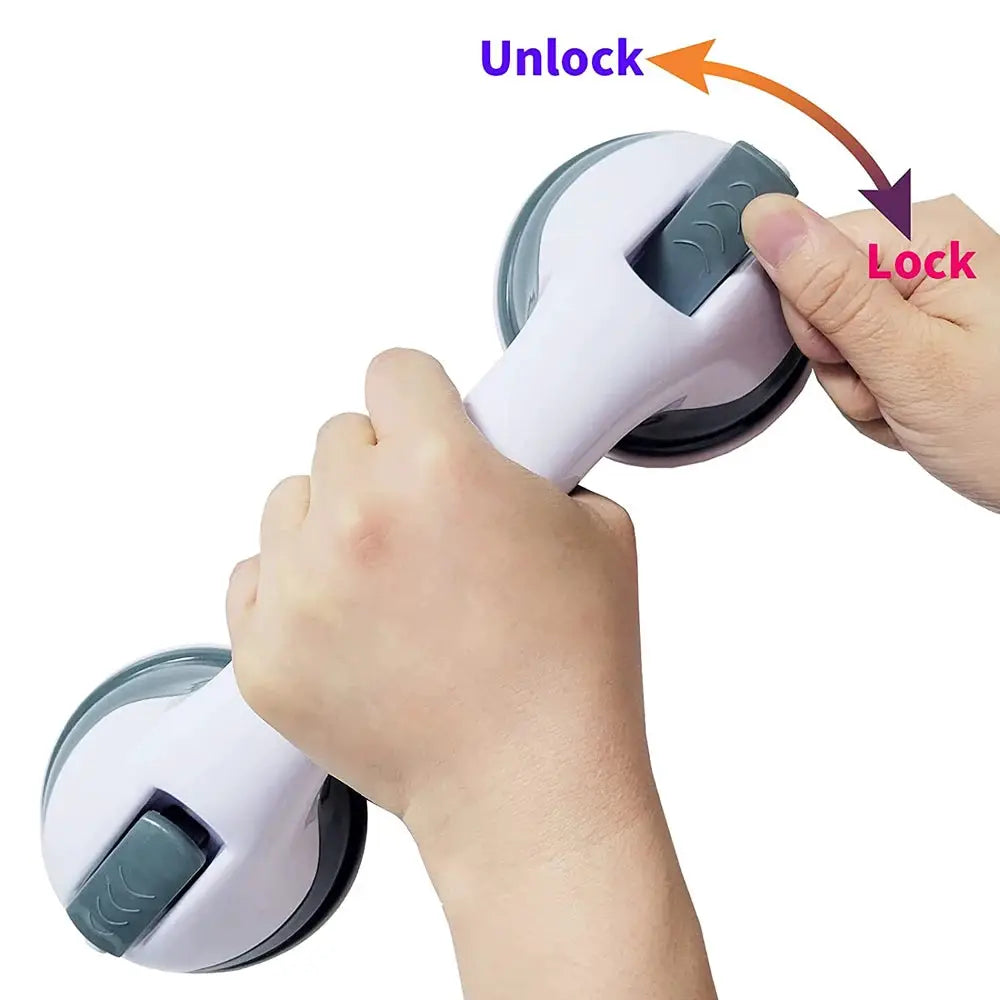 Shower grab bar with dual locking suction cups, white handle and gray levers by Simples Market