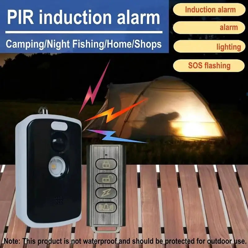 Wireless PIR infrared alarm kit with remote; gray outdoor motion sensor and black multi-button remote