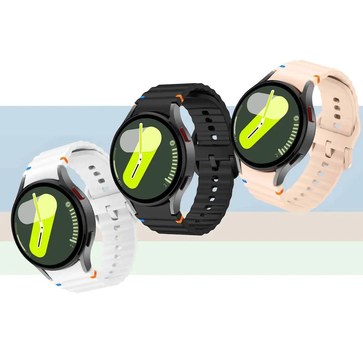 Original silicone watch bands for Samsung Galaxy Watch 7/FE, four color options shown (white, black, beige, pale pink)