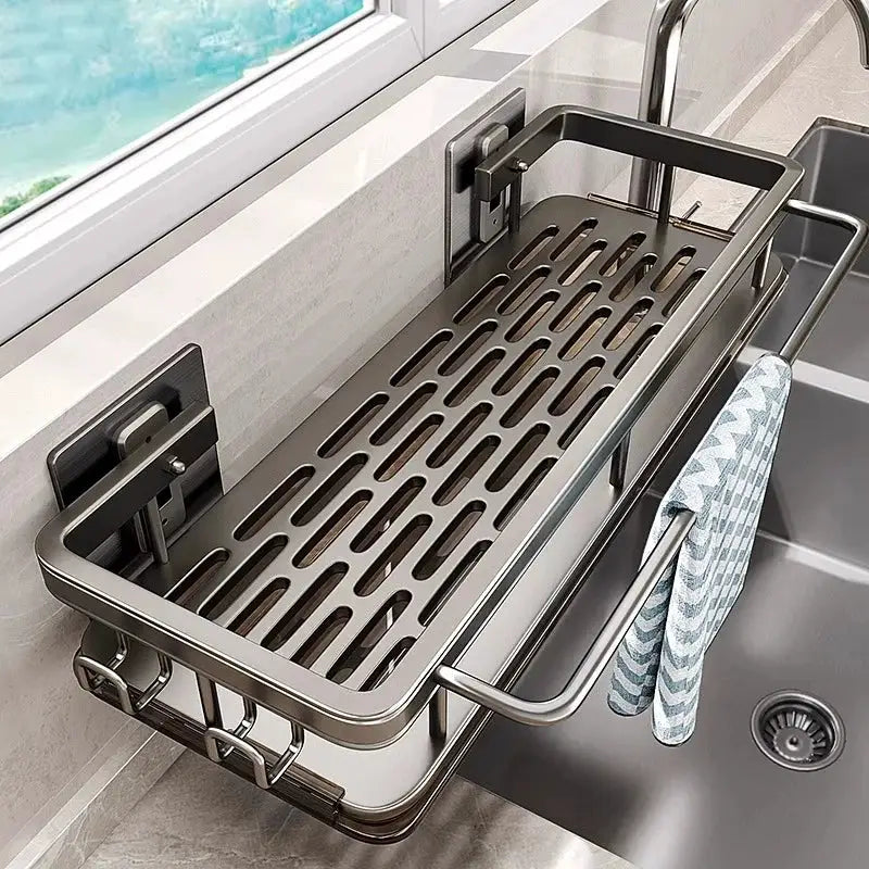 Simples Market stainless steel no-drill wall-mount kitchen shelf and drying rack over sink with mop storage
