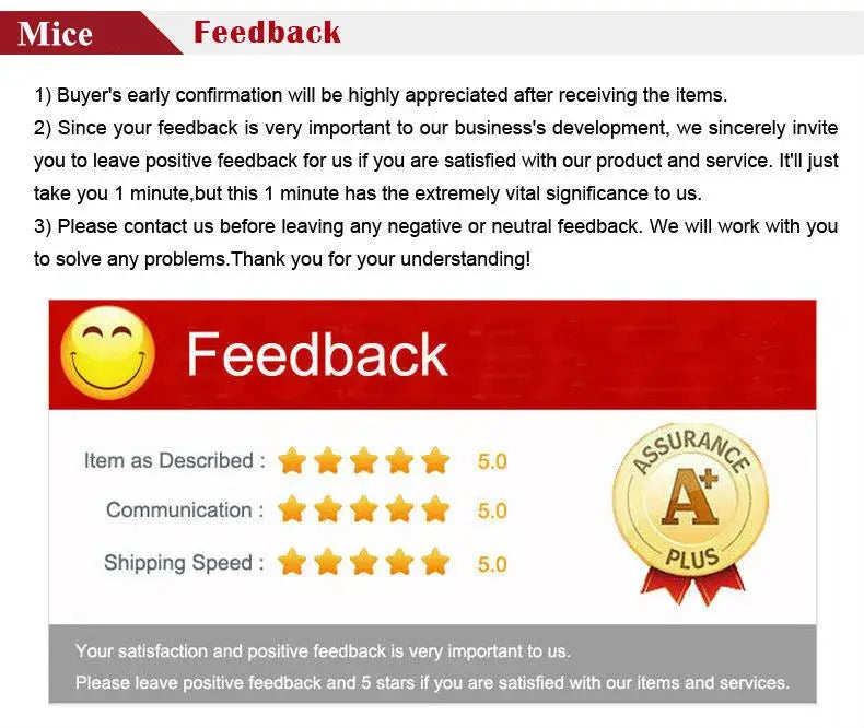 Feedback page screenshot with a smiling emoji, 5-star ratings, and an A+ assurance badge