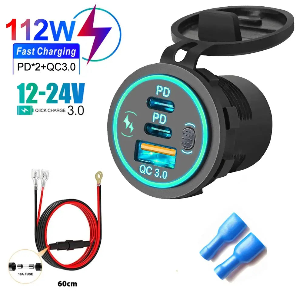 Velev 78W PD3.0 QC3.0 Dual USB C Ports Car Charger Socket Waterproof With LED Touch Switch 12V/24V For Moto