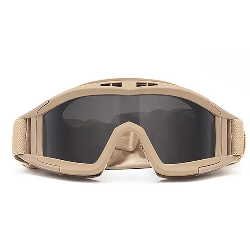 Airsoft tactical goggles by Simples Market with tan frame and dark lens